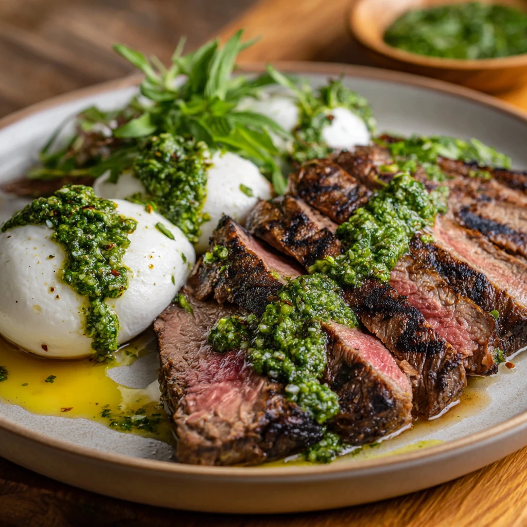 Grilled Flank Steak with Burrata & Pesto