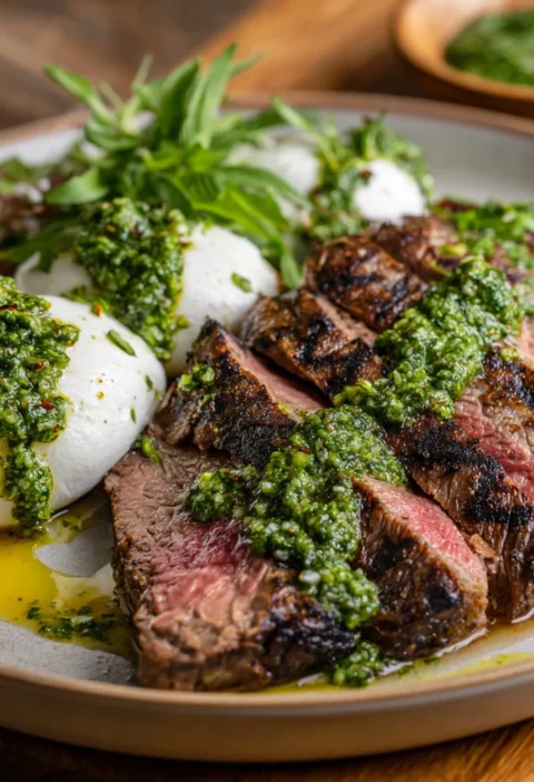 Grilled Flank Steak Burrata Pesto