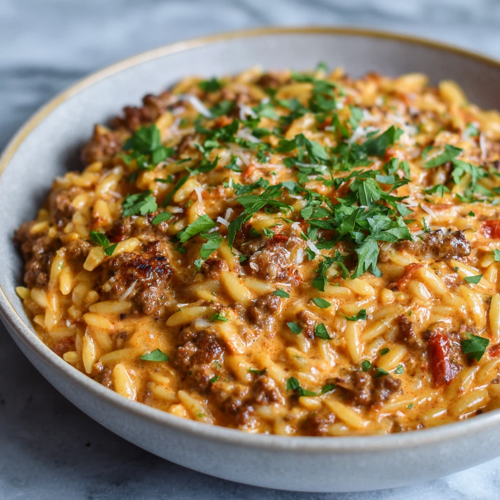 Ground Beef Orzo with Tomato Cream Sauce