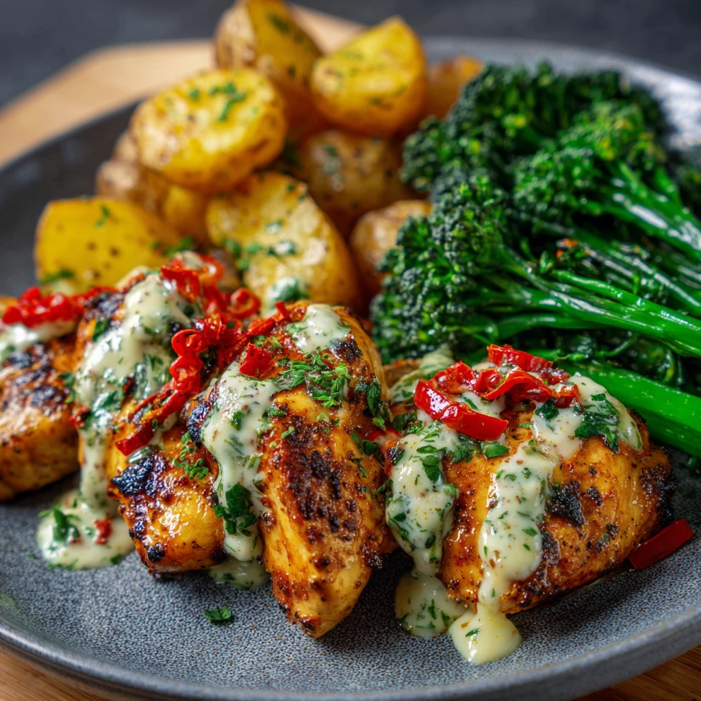 Hassle Back Potatoes with Creamy Cajun Chicken & Air fried Brocollini