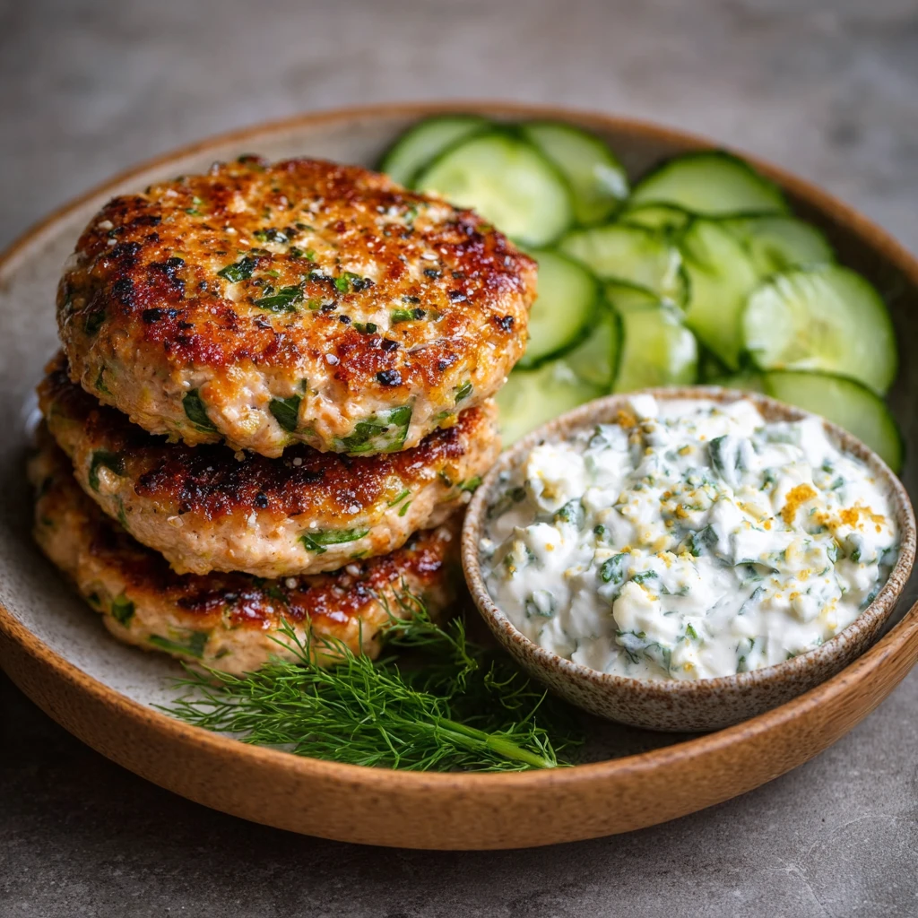 Herbed Turkey Burgers, Cucumber Salad, Tzatziki and Fresh Herbs