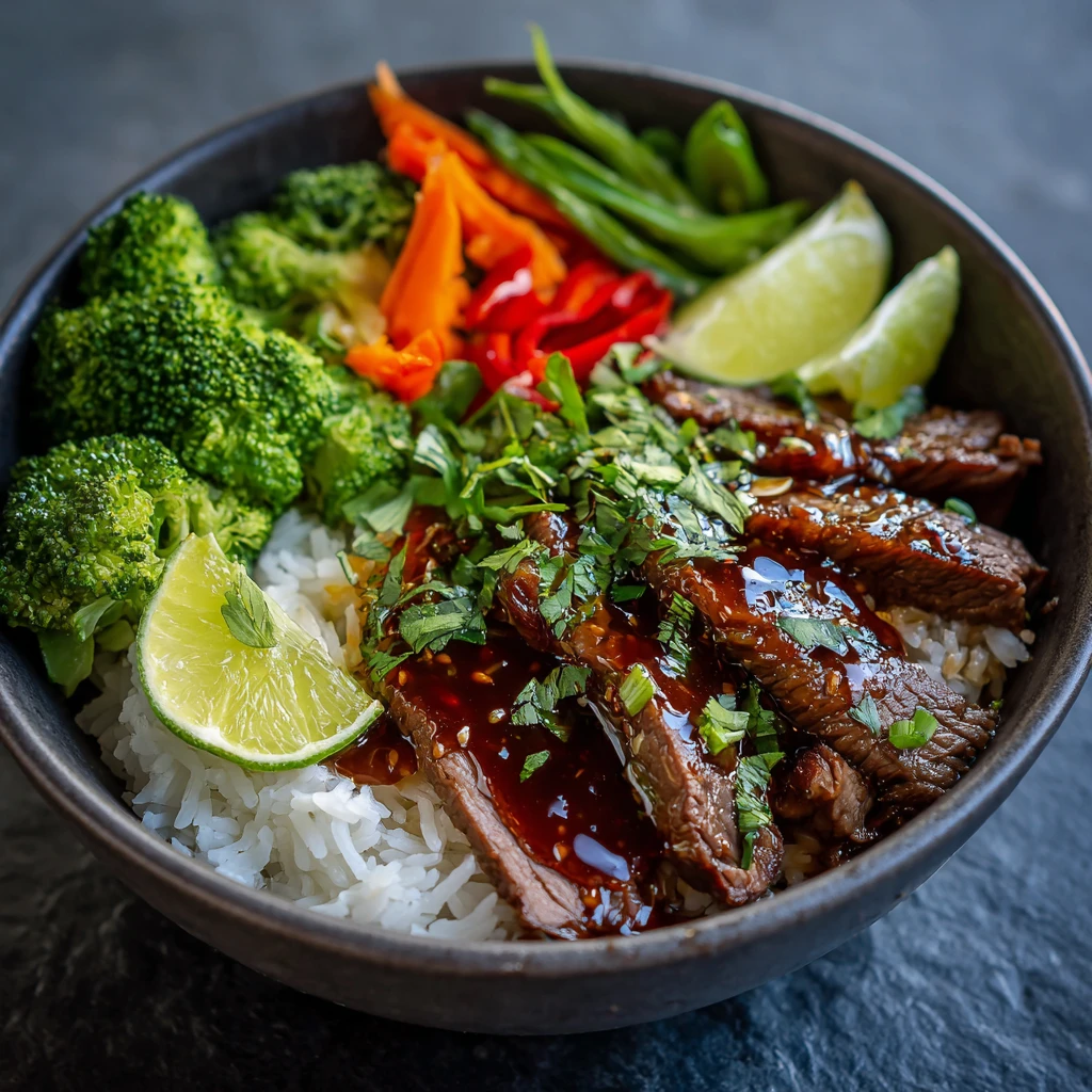 Honey Soy Beef Rice Bowls with Ginger Lime Sauce