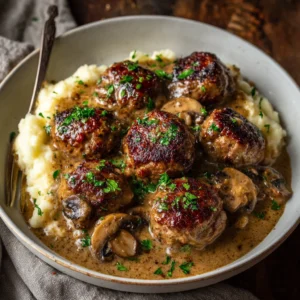 Juicy Salisbury Steak Meatballs in Mushroom Gravy