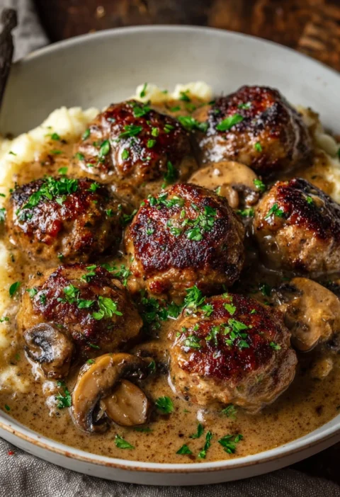 Juicy Salisbury Steak Meatballs Mushroom Gravy