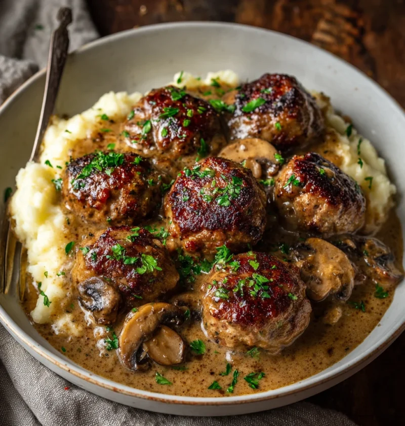 Juicy Salisbury Steak Meatballs Mushroom Gravy