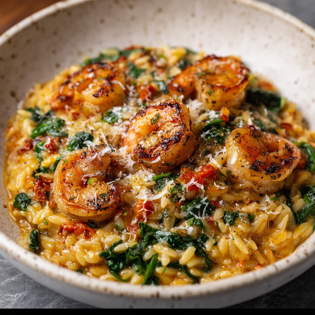 Juicy Shrimp, Soft Orzo, Bright Spinach and Melted Cheese in One Bowl
