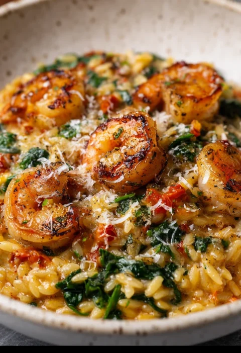 Juicy Shrimp Soft Orzo Bright Spinach Melted Cheese