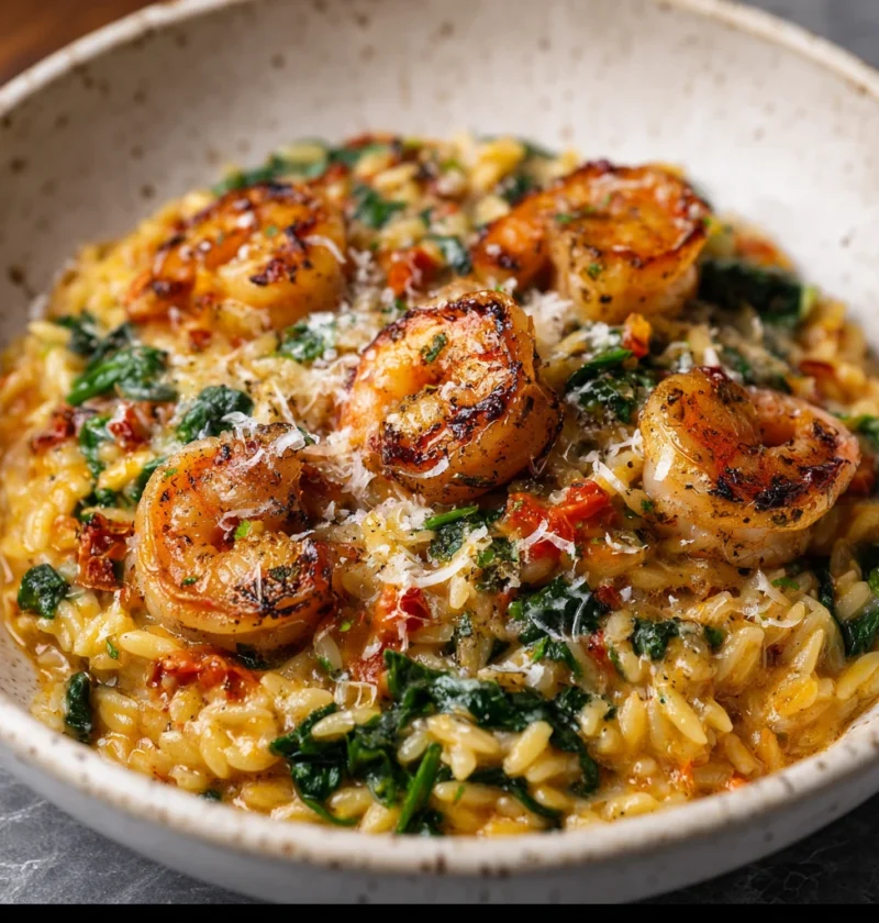 Juicy Shrimp Soft Orzo Bright Spinach Melted Cheese