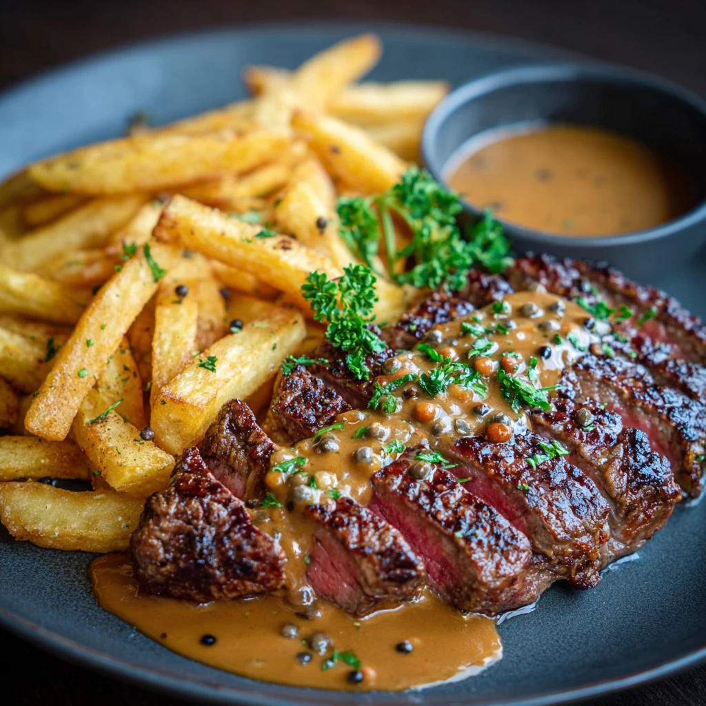 Juicy Steak, Crispy Fries and Rich Peppercorn Sauce