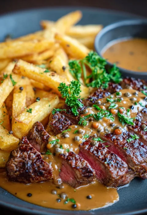 Juicy Steak Crispy Fries Rich Peppercorn Sauce