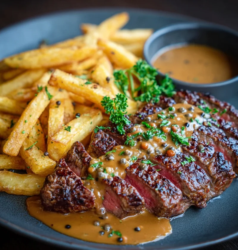 Juicy Steak Crispy Fries Rich Peppercorn Sauce