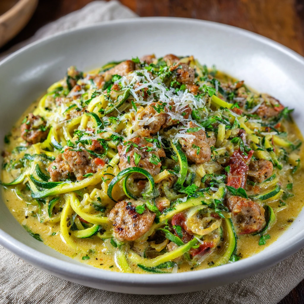 Keto Creamy Tuscan Zucchini Noodles with Sausage