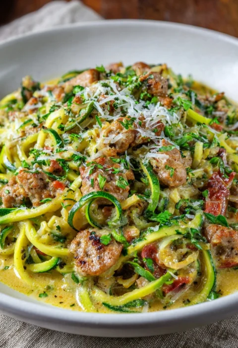 Keto Creamy Tuscan Zucchini Noodles Sausage