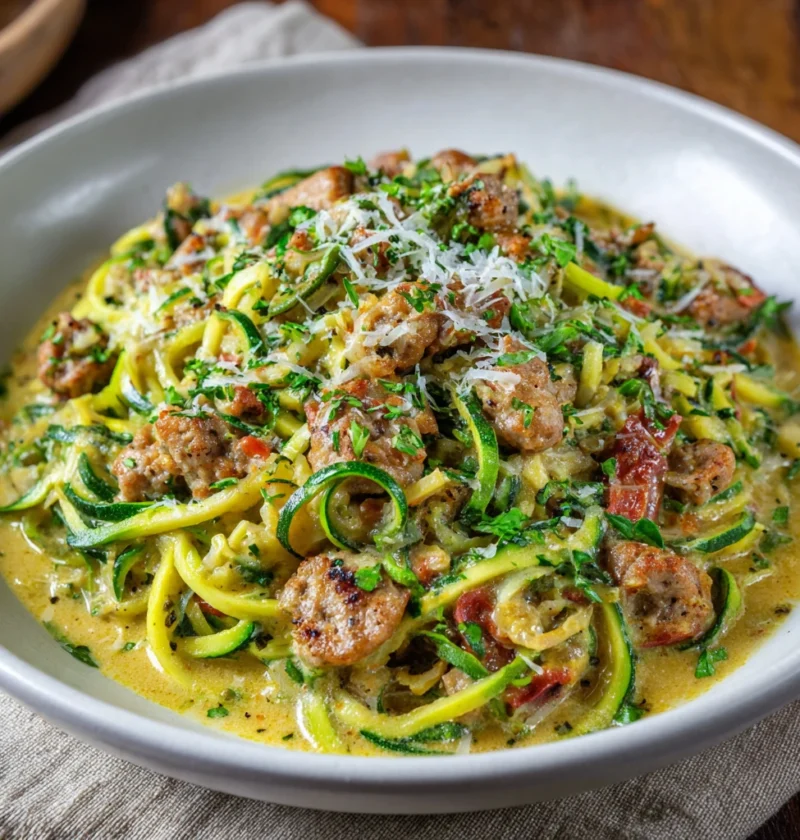 Keto Creamy Tuscan Zucchini Noodles Sausage