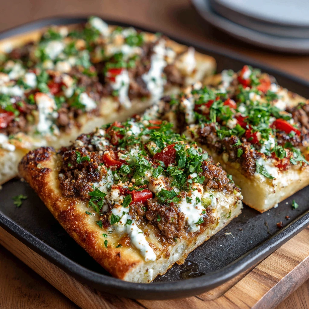 Mediterranean Ground Beef Flatbread with Hot Honey Feta Cream