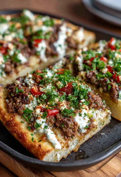 Mediterranean Ground Beef Flatbread Hot Honey Feta Cream