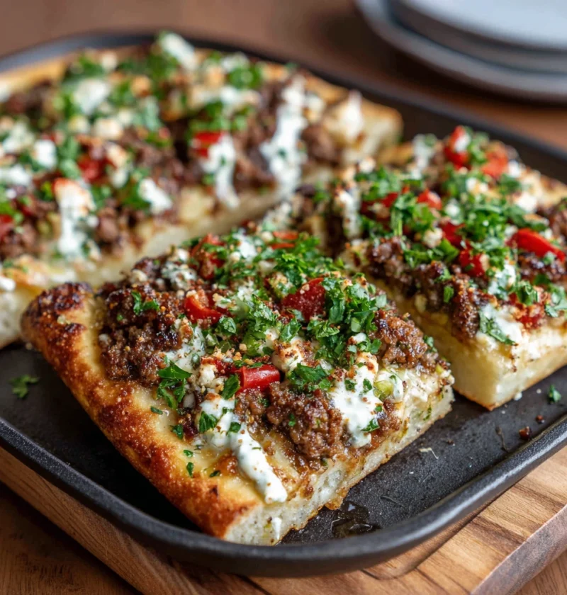 Mediterranean Ground Beef Flatbread Hot Honey Feta Cream