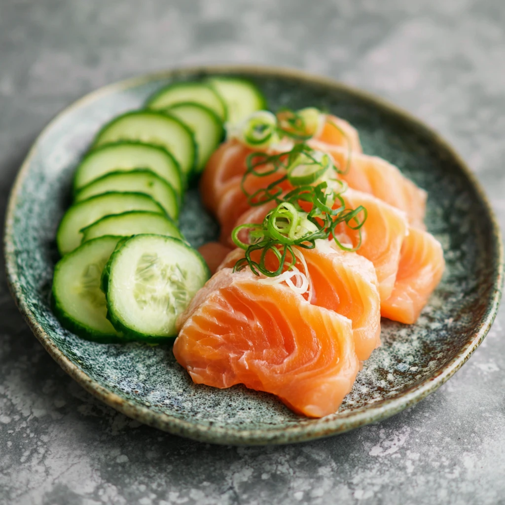 Salmon Sashimi and cucumbers