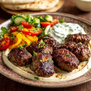 Savor The Bold Flavors of Armenian Spiced Beef Kefta Paired with Creamy Tahini and Cool Tzatziki Sauces