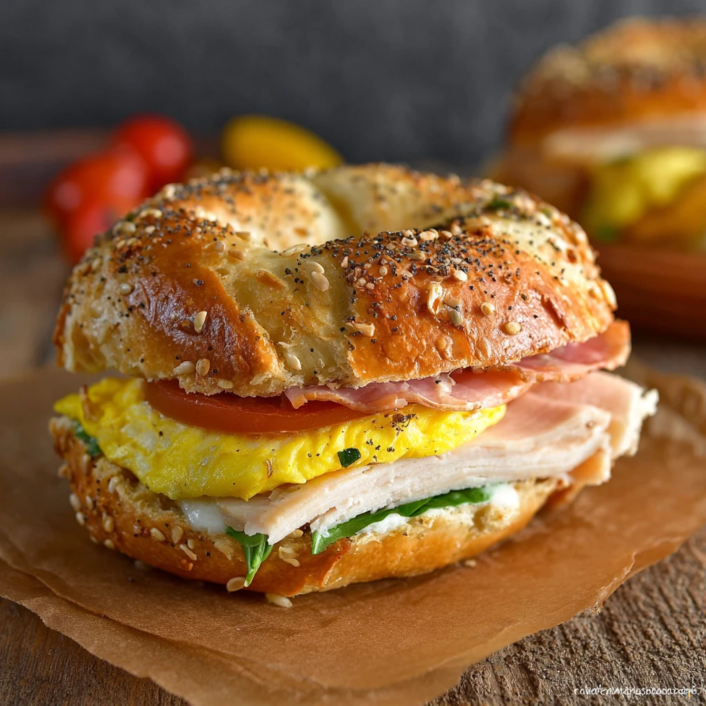 Savory Breakfast Bagel Sandwich with Eggs & Turkey