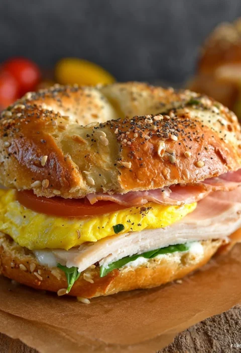 Savory Breakfast Bagel Sandwich Eggs Turkey