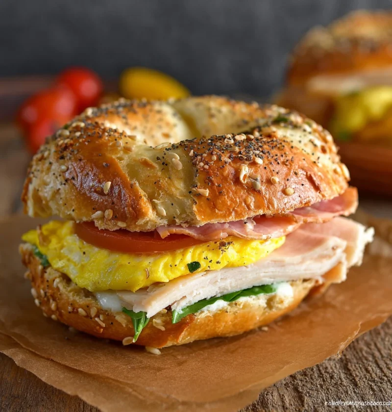 Savory Breakfast Bagel Sandwich Eggs Turkey
