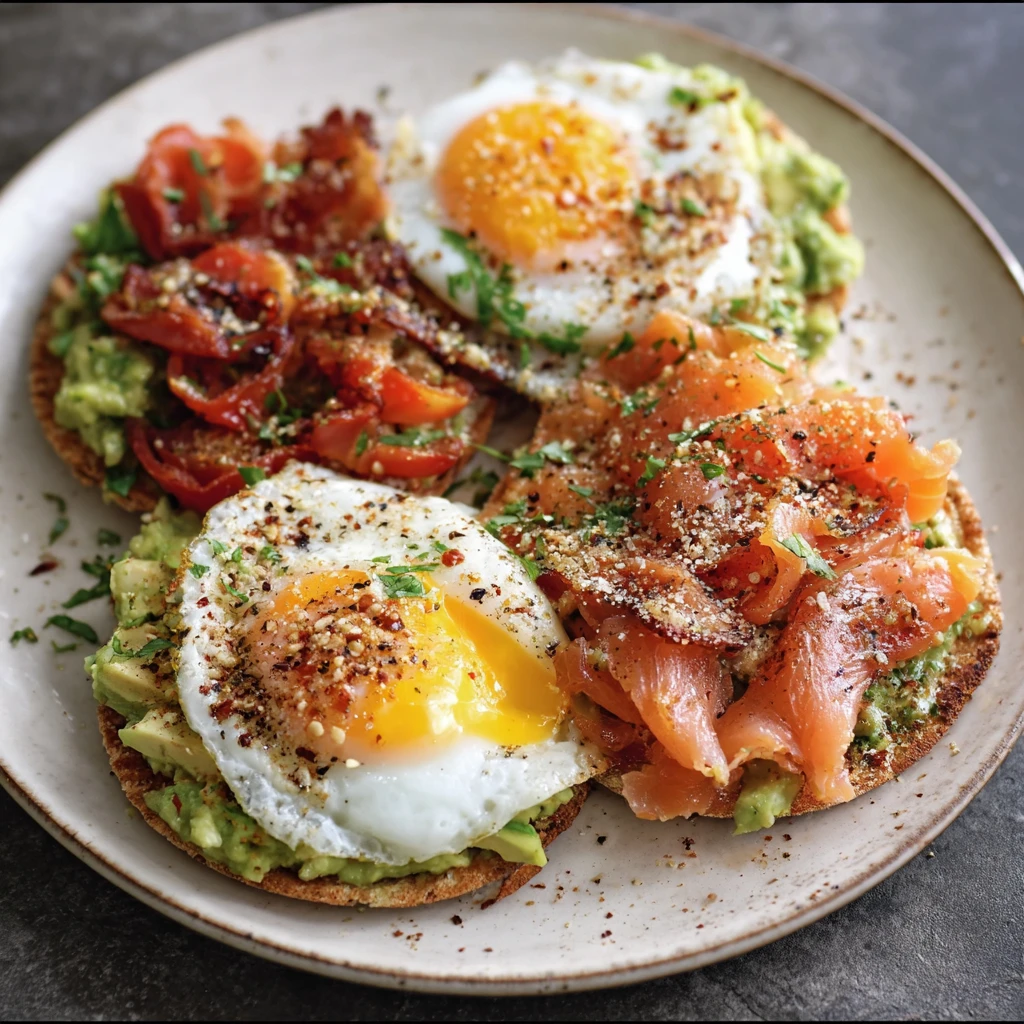 Soft Eggs, Smoked Salmon, Bacon, Guac and Bagel Seasoning.