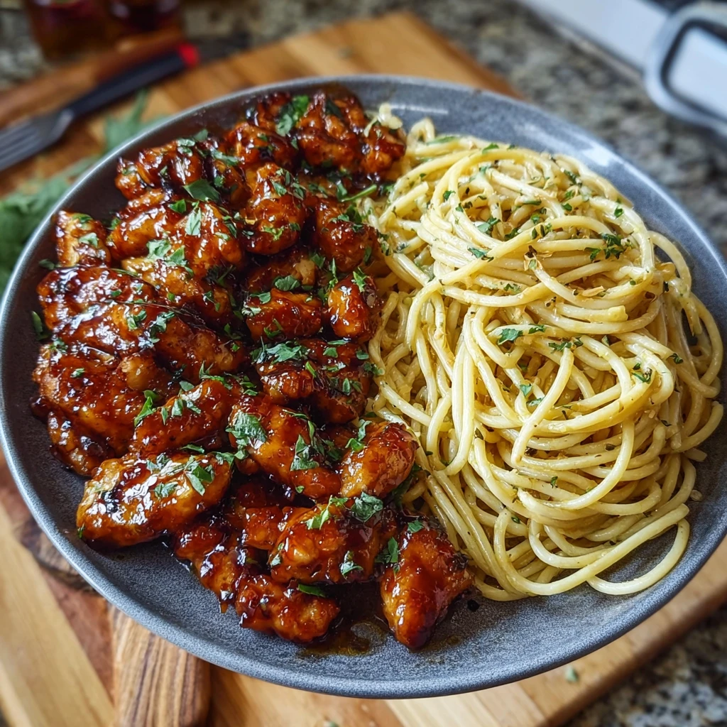 Sweet & Sticky Chicken with Garlic Butter Spaghetti