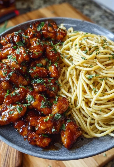 Sweet Sticky Chicken Garlic Butter Spaghetti