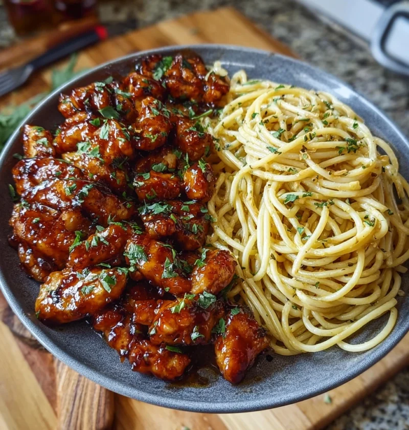 Sweet Sticky Chicken Garlic Butter Spaghetti
