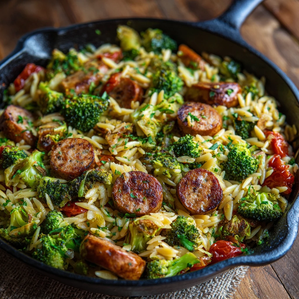 Chicken Sausage Broccoli Orzo Skillet