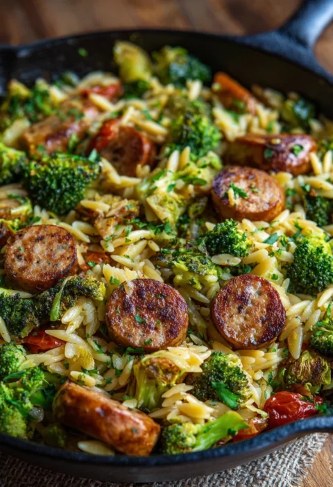 Chicken Sausage Broccoli Orzo Skillet