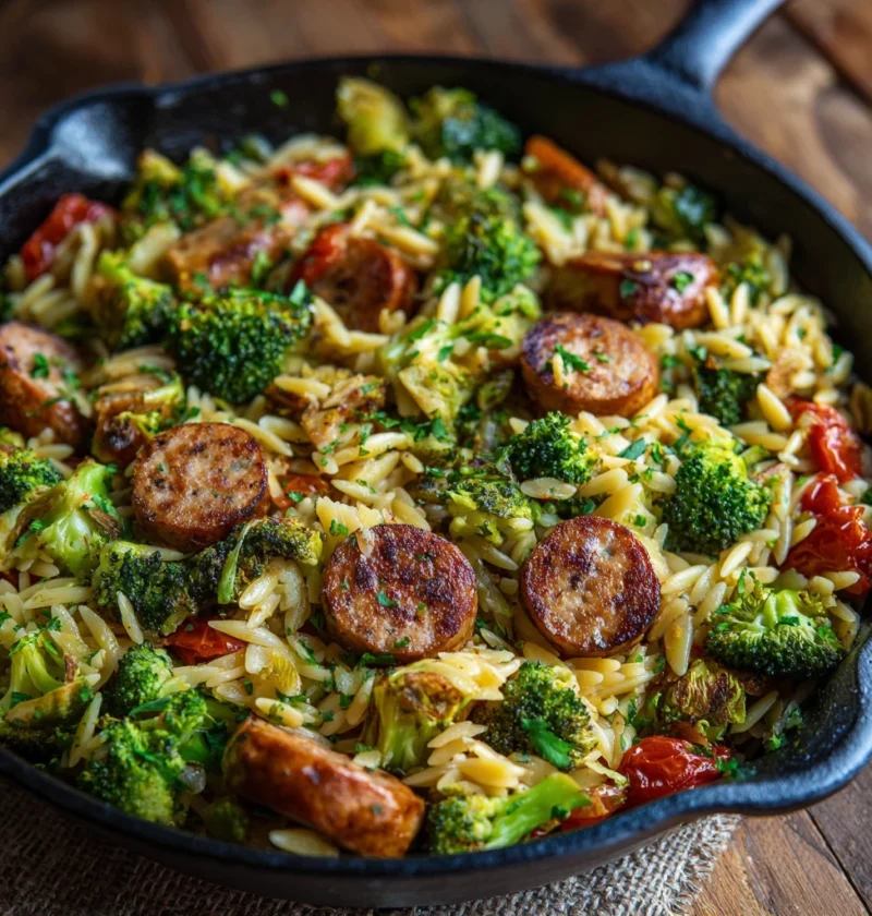 Chicken Sausage Broccoli Orzo Skillet