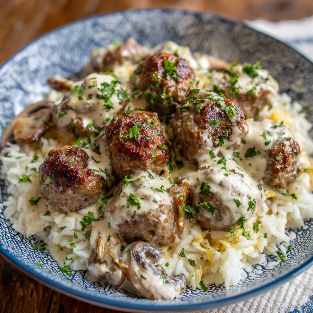 Creamy Meatballs & Mushrooms with Rice