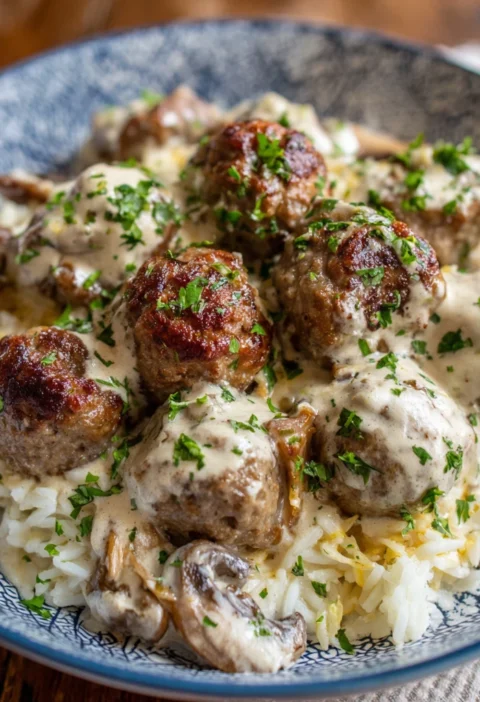 Creamy Meatballs Mushrooms Rice