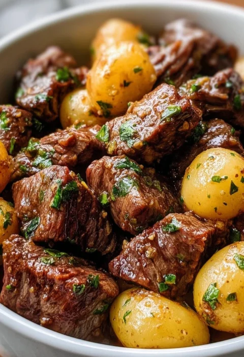 Crockpot Garlic Butter Beef Bites Potatoes