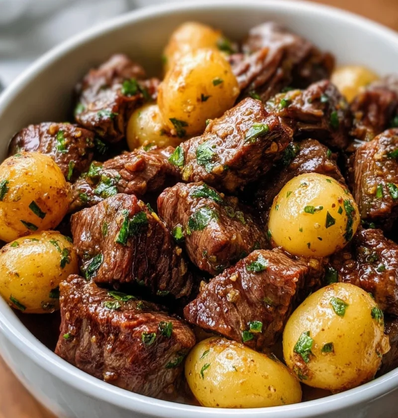 Crockpot Garlic Butter Beef Bites Potatoes