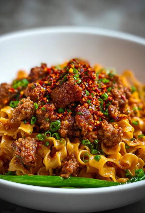 Ground Pork Chili Flakes Over Noodles