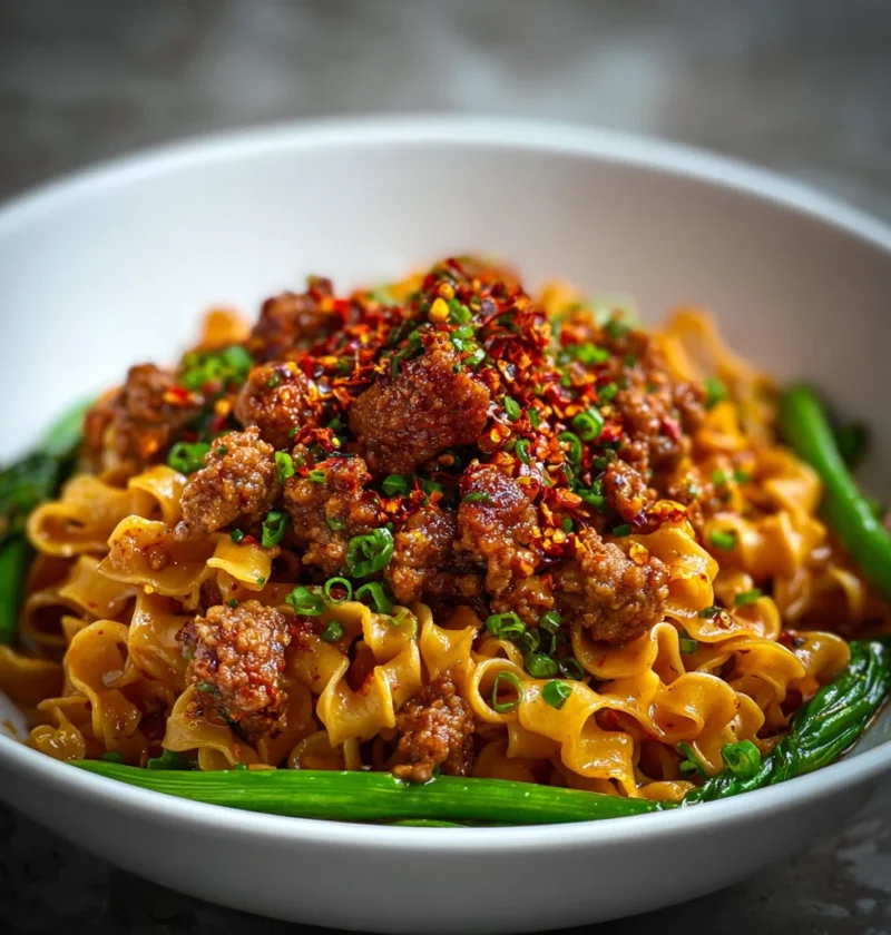 Ground Pork Chili Flakes Over Noodles