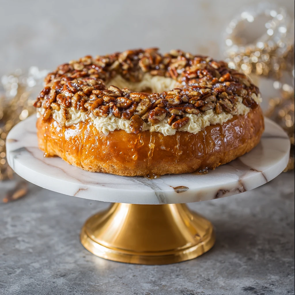 King Cake with Pecan Praline Cream Cheese Filling