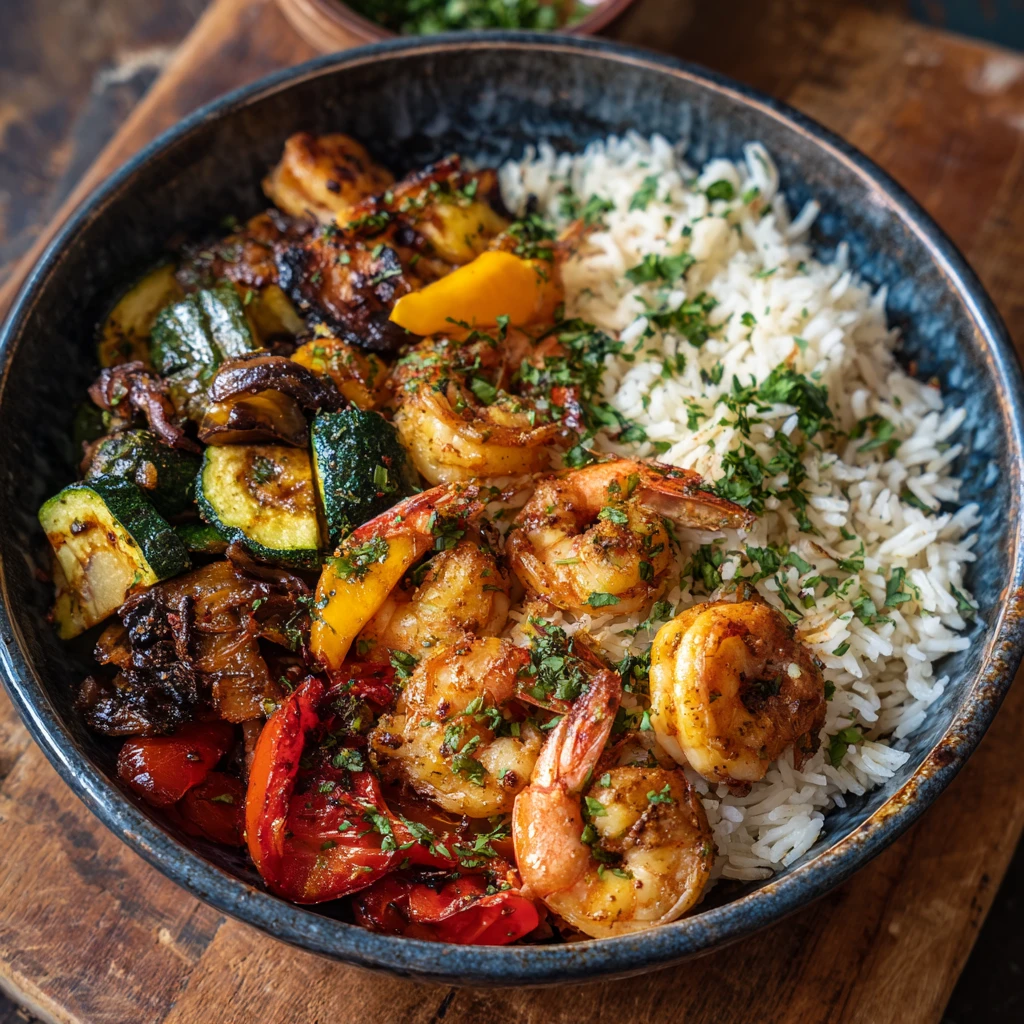 Mediterranean Roasted Veggies & Prawns on Rice