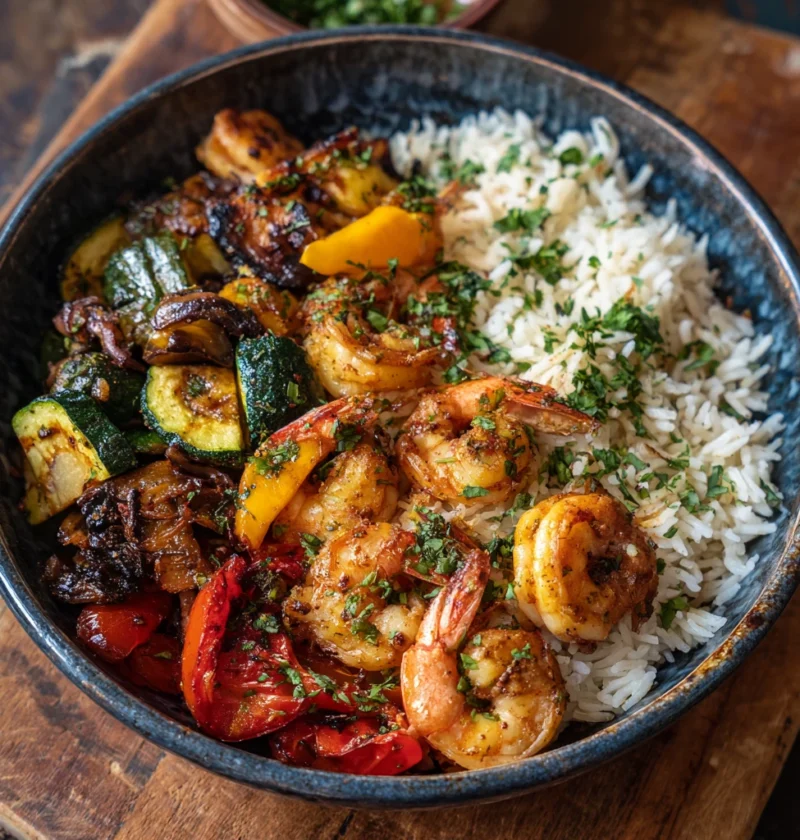 Mediterranean Roasted Veggies Prawns Rice