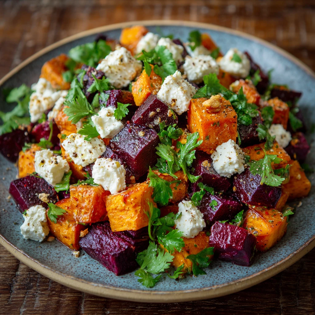 Roasted Beet & Sweet Potato Salad with Feta & Yogurt