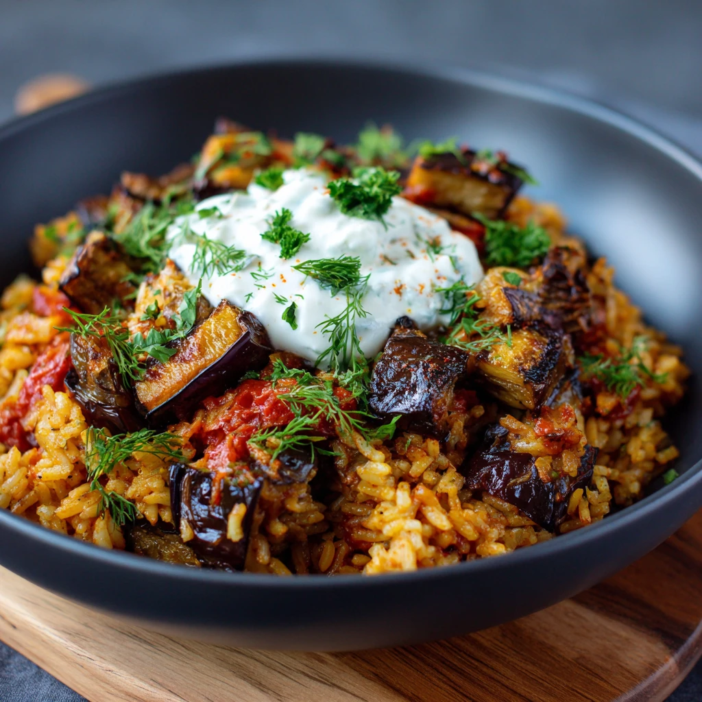 Roasted Eggplant with Tomato Rice & Tzatziki