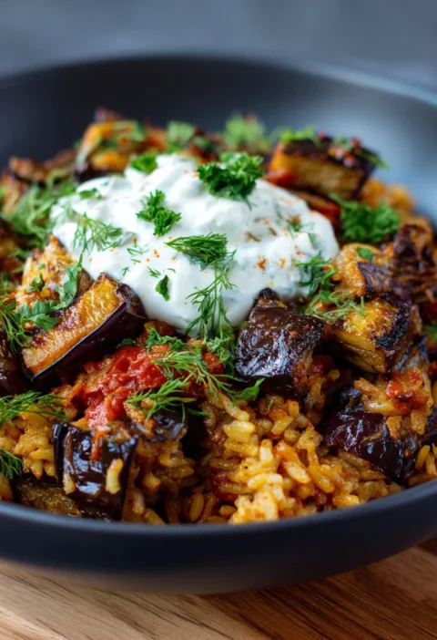 Roasted Eggplant Tomato Rice Tzatziki