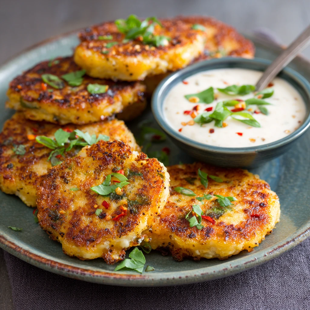Spicy Green Chile Potato Cakes with Creamy Green Chile Dip