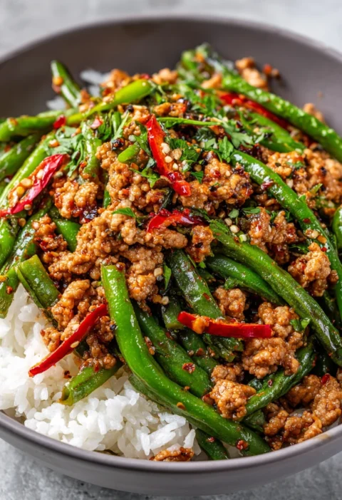 Spicy Ground Turkey Green Bean Stirfry