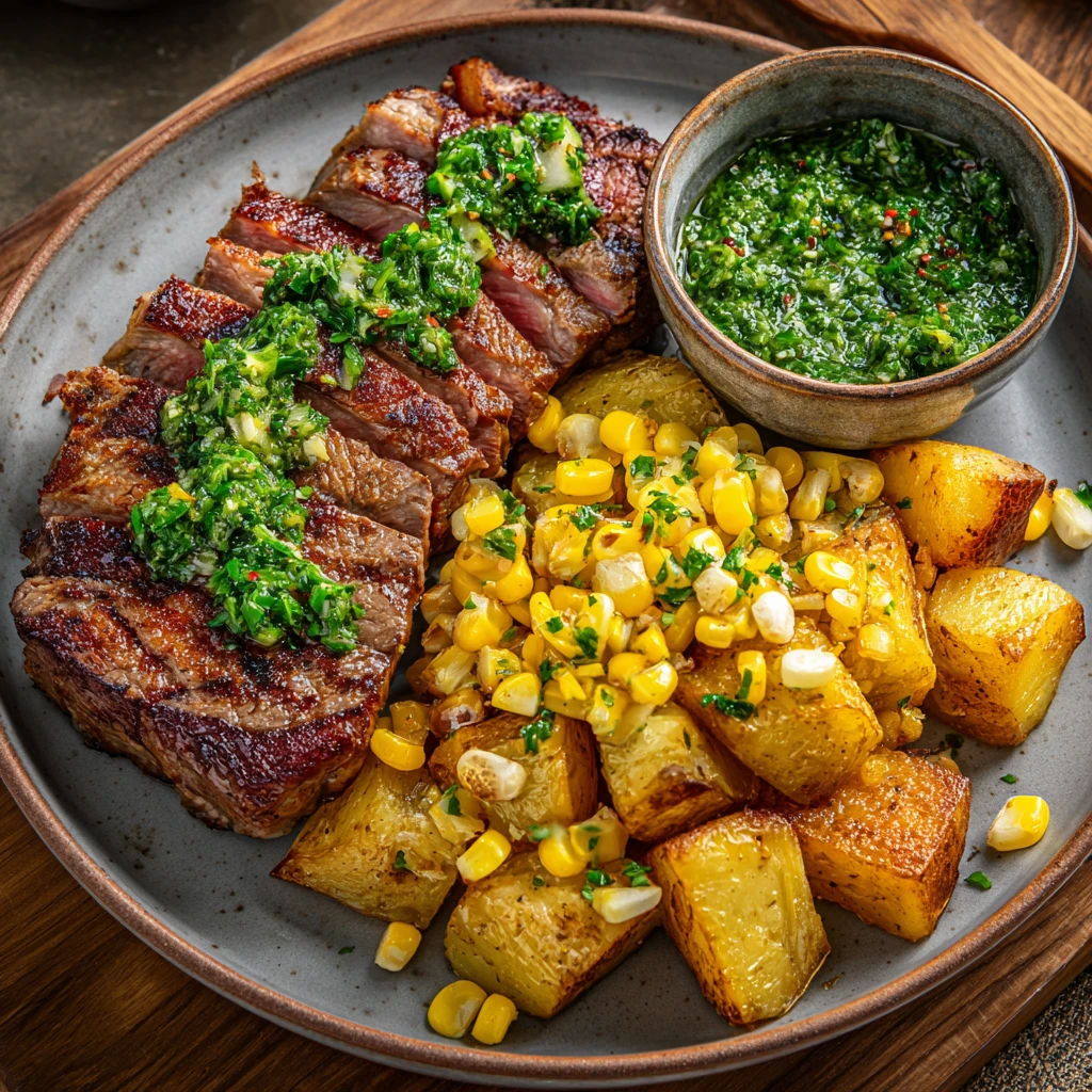 Steak with Roasted Potatoes , Corn & Chimichurri