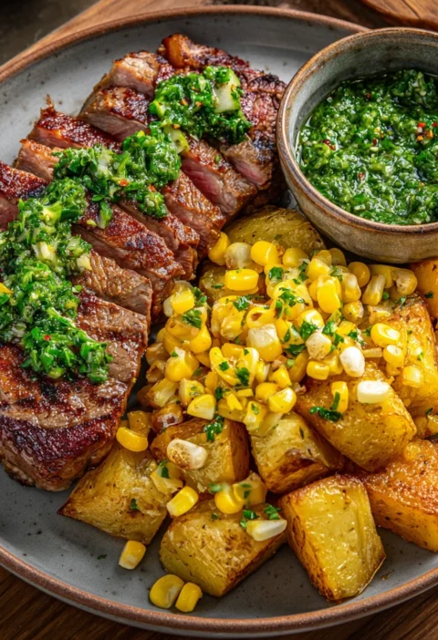 Steak Roasted Potatoes Corn Chimichurri
