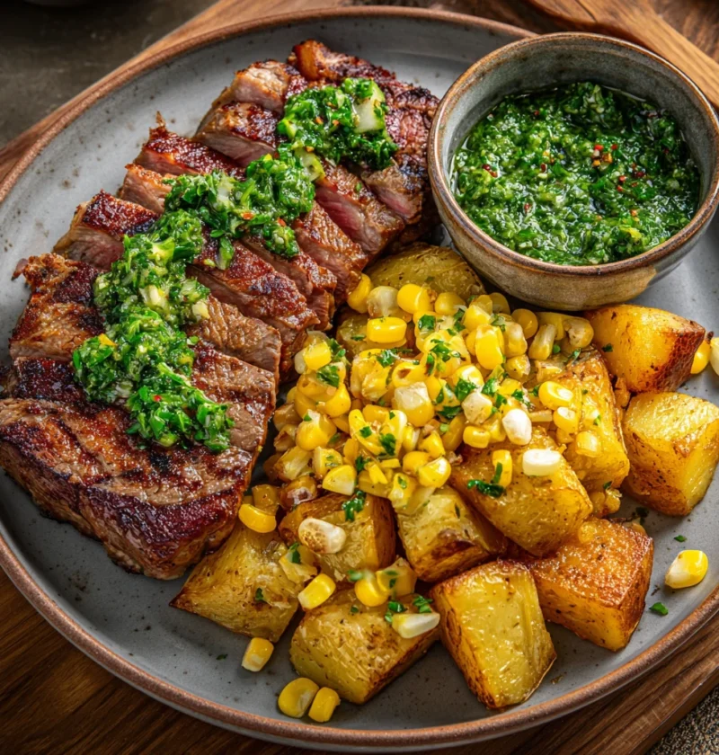 Steak Roasted Potatoes Corn Chimichurri